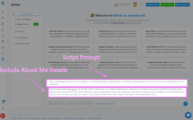 Writer platform highlighting the selected script with included personalizations.