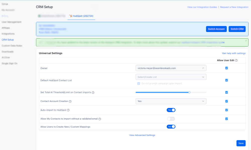 Hubspot CRM Universal Settings and Set up page on Seamless.AI