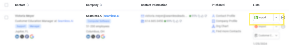 Import to Keap button available on a saved contact card on Seamless.AI