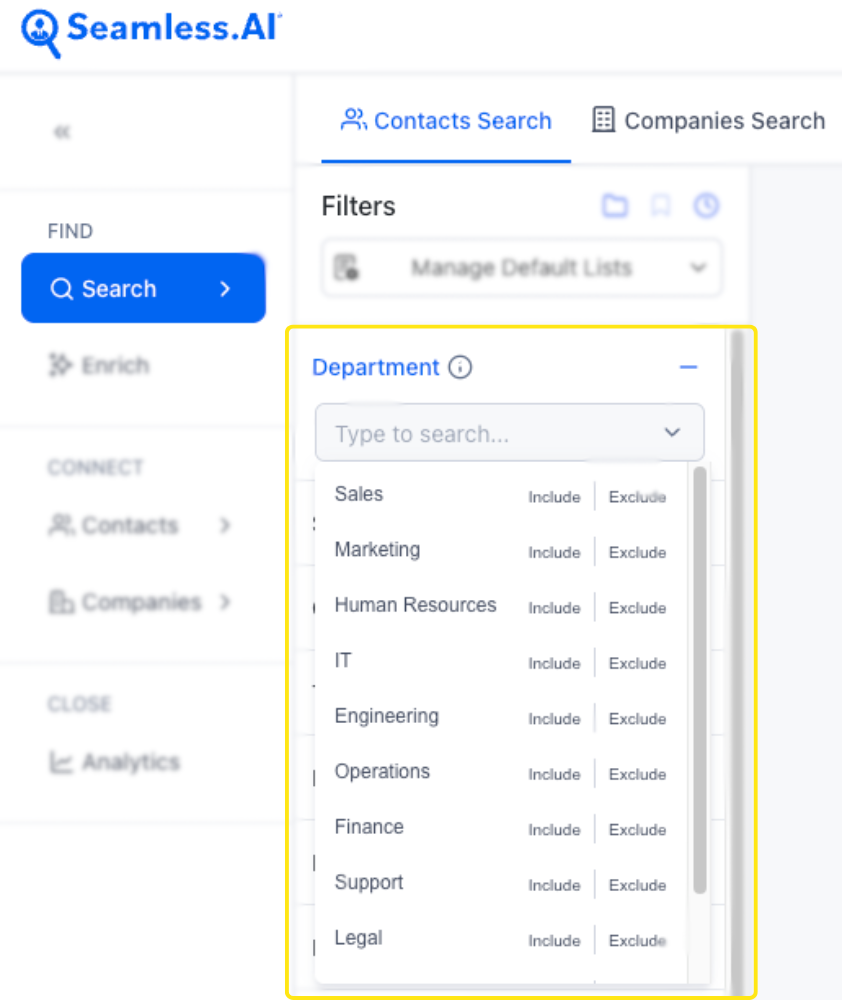 Access the Department filter through Contact or Company Search