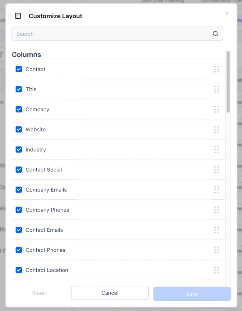 Select and deselect columns to display and then drag to rearrange order