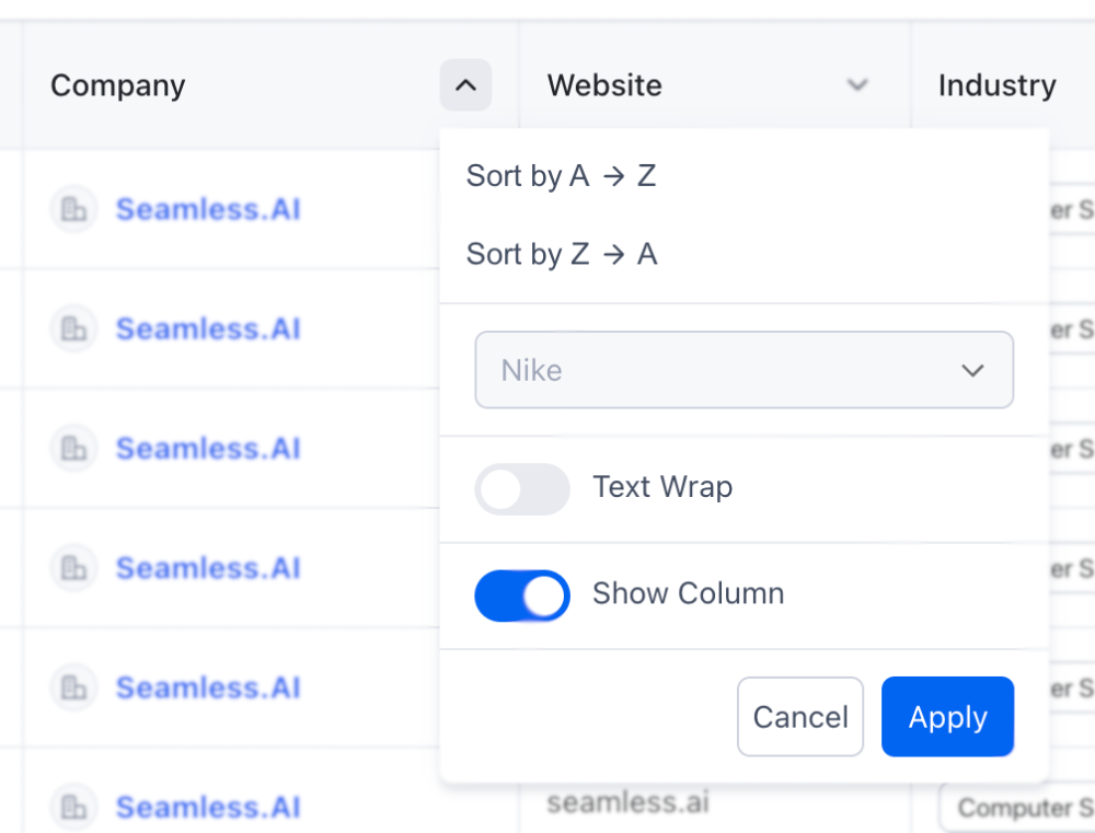 Select the column drop down arrow to further customize the display layout