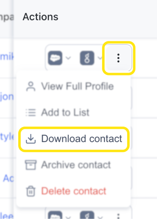 download an individual contact on the My Contacts page, through the Actions column