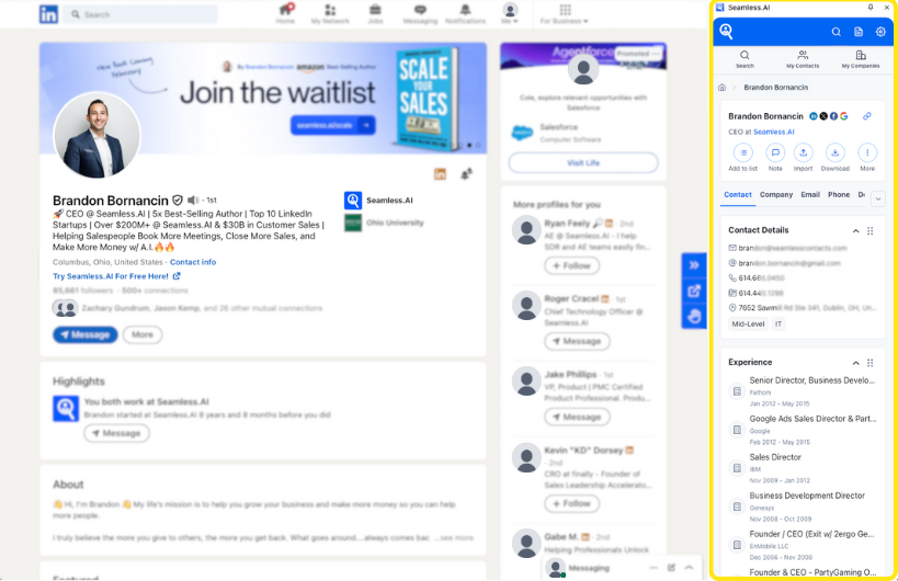 Use the Seamless.AI Chrome Extension directly on LinkedIn profiles and searches for prospect information. 