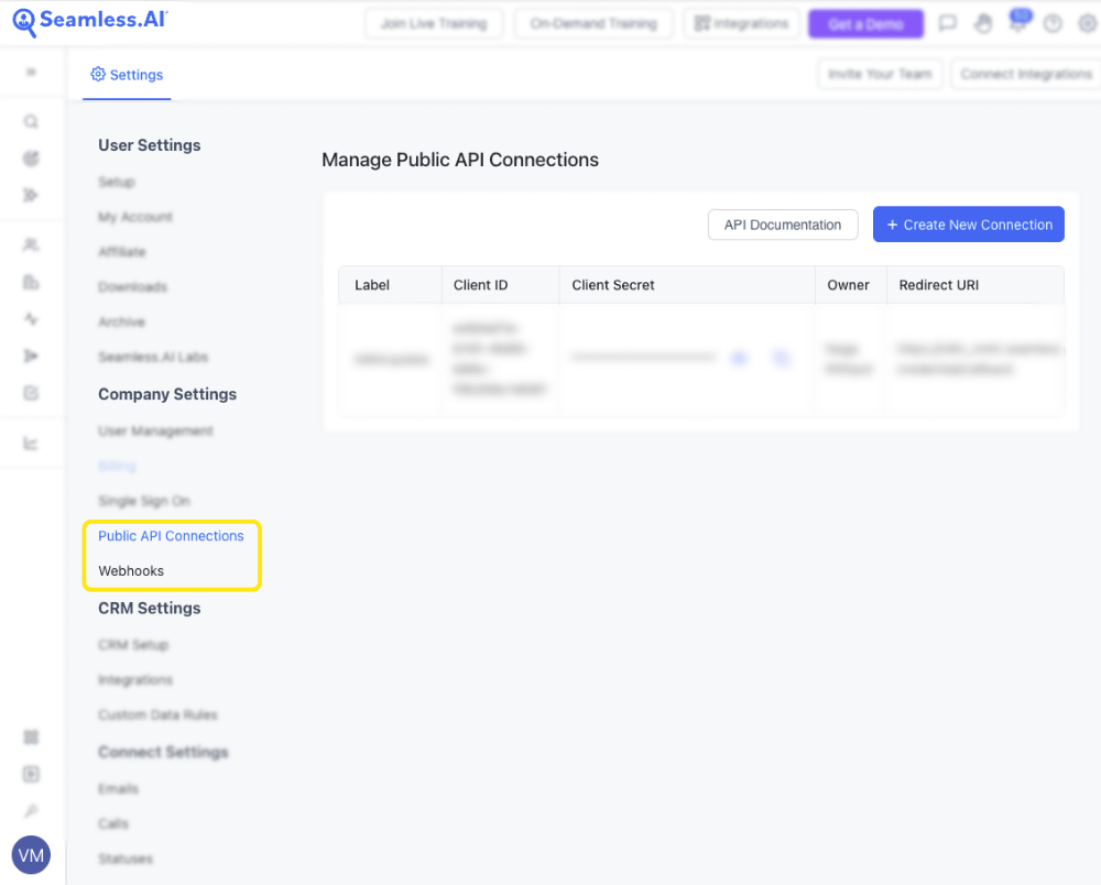 Access and Manage API Connections in the Settings