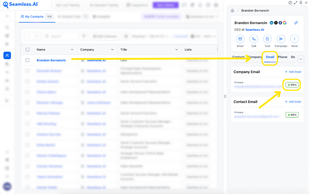 Access the Total AI score for each email through the contact flyout profile, in the "Email" tab