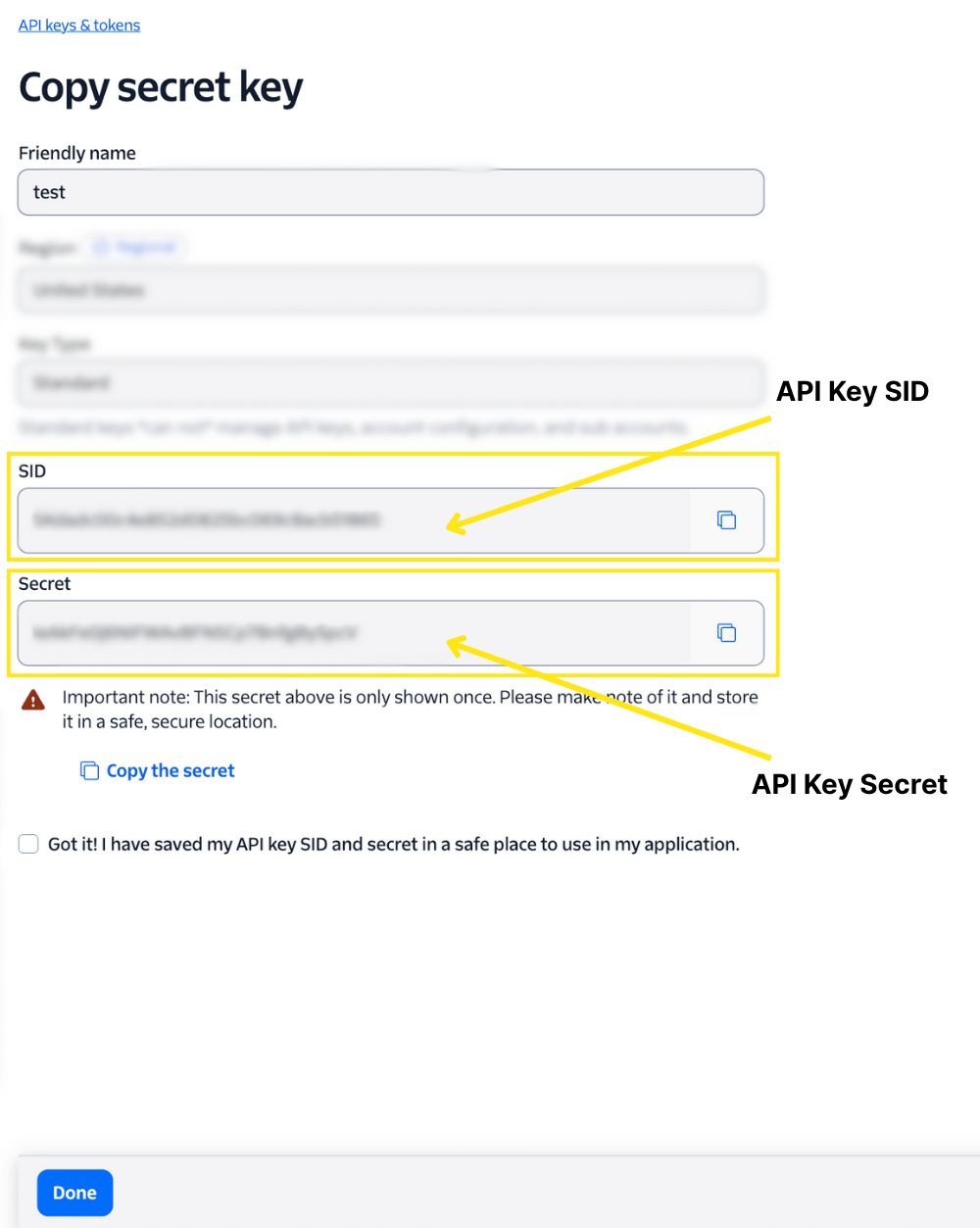 Locate the API Key SID and the Twilio Secret Key