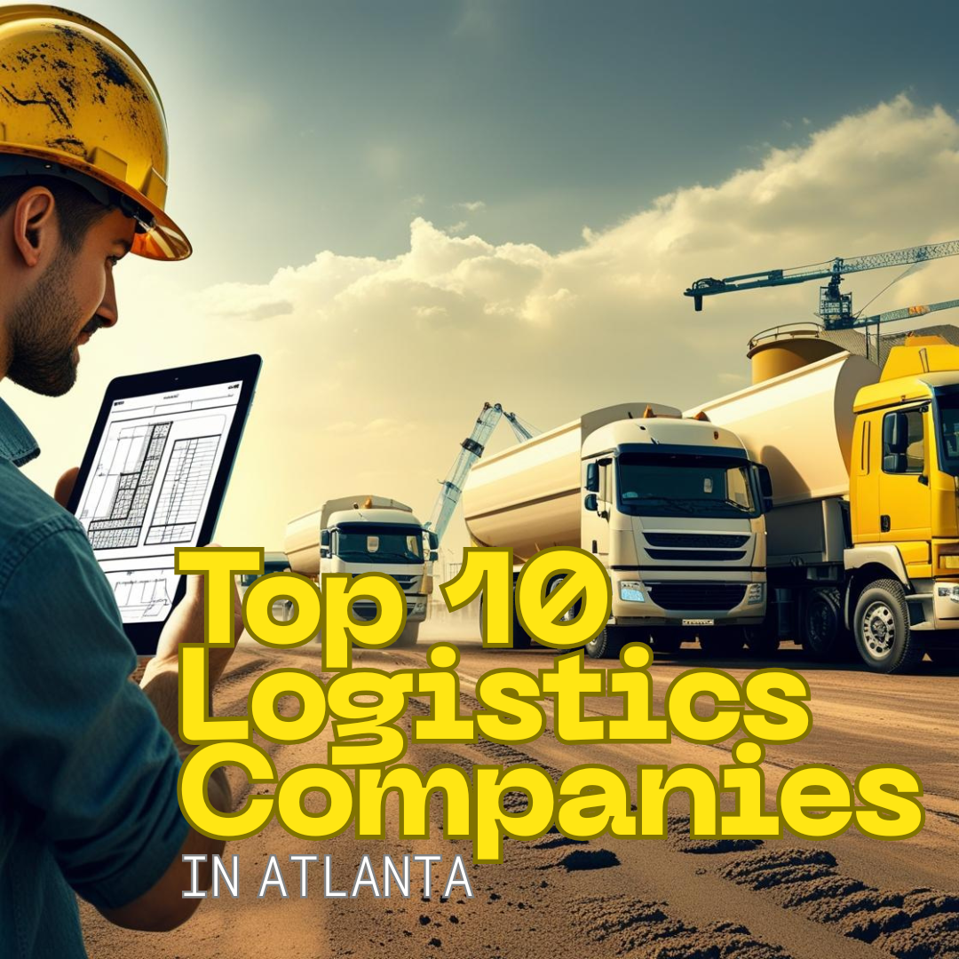 Man in a hard hat looks at an ipad with trucks in the background. 