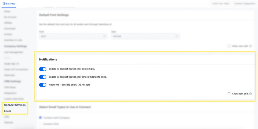 Connect Email Notification Settings