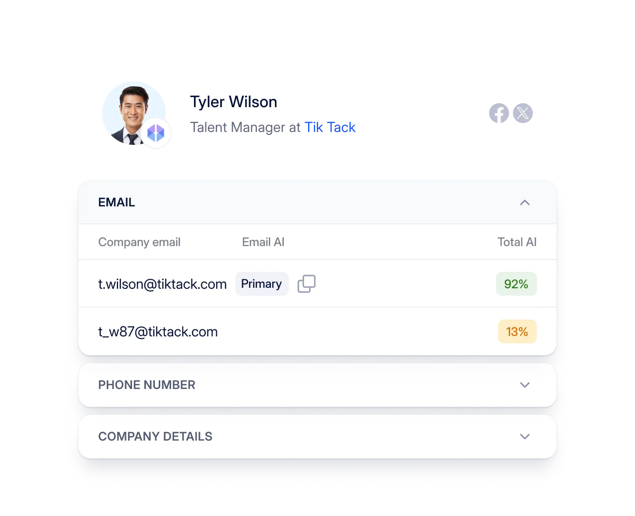A contact card showing emails next to their AI confidence scores