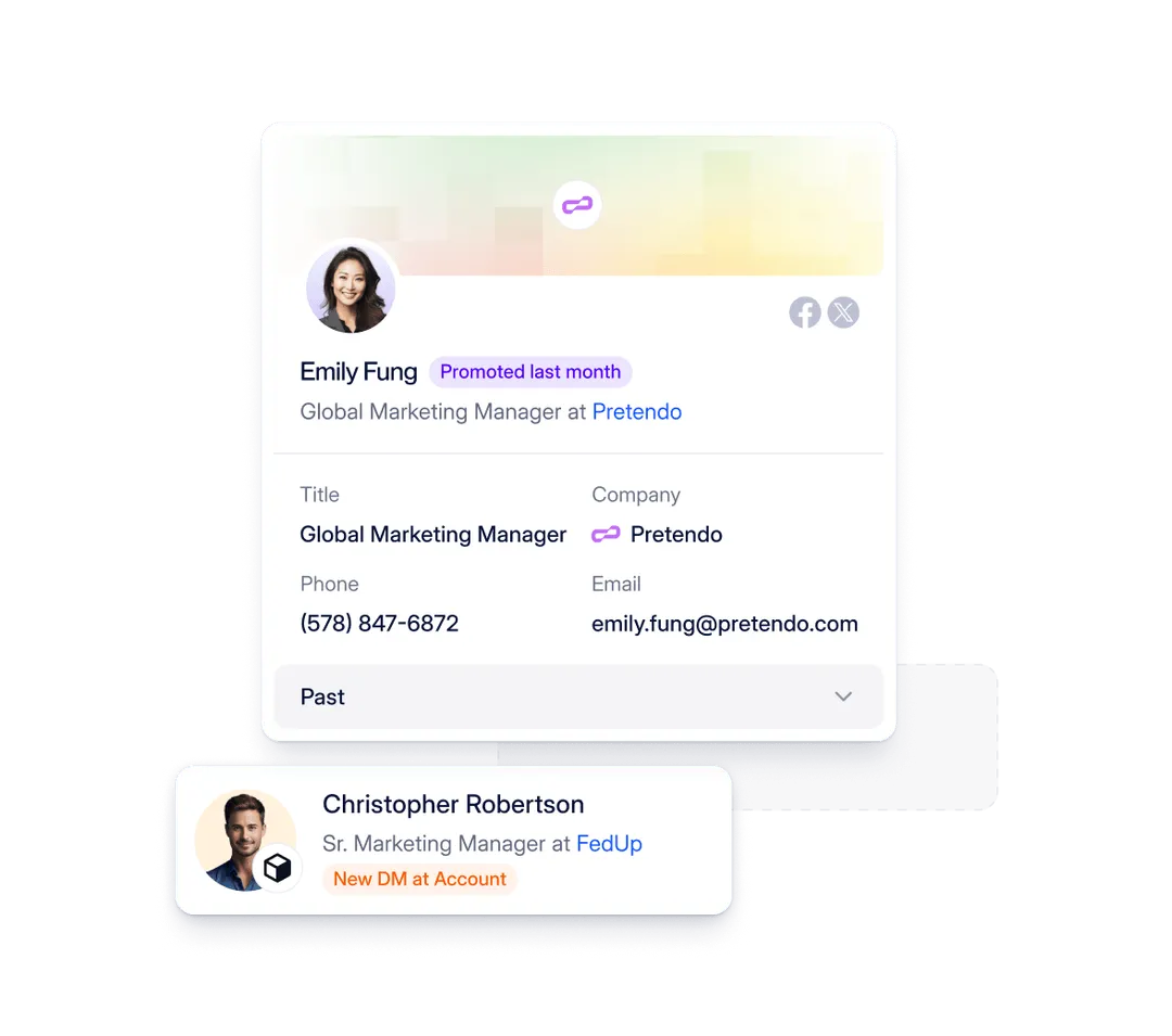 2 contact cards, 1 expanded and 1 collapsed, showing new promotions and job changes for each contact
