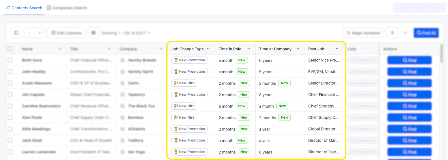 View Job Change insights in Contacts Search
