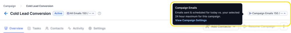 View Campaign email limit in top right corner