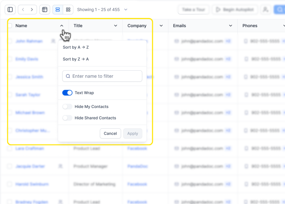 Additional filter options displayed when clicking drop down filter in name column.