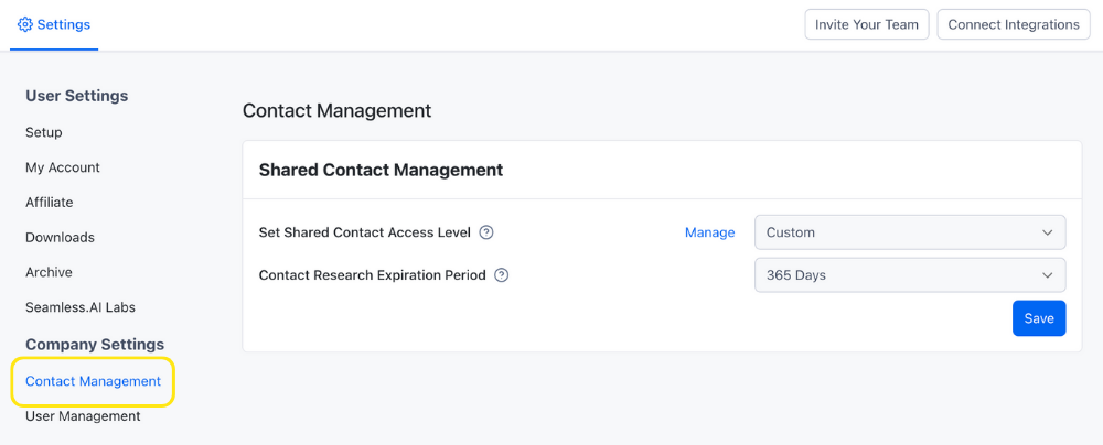 Contact Management displayed in the Company Settings section
