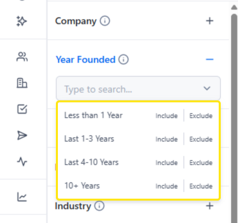 Year ranges available within Year Founded filter