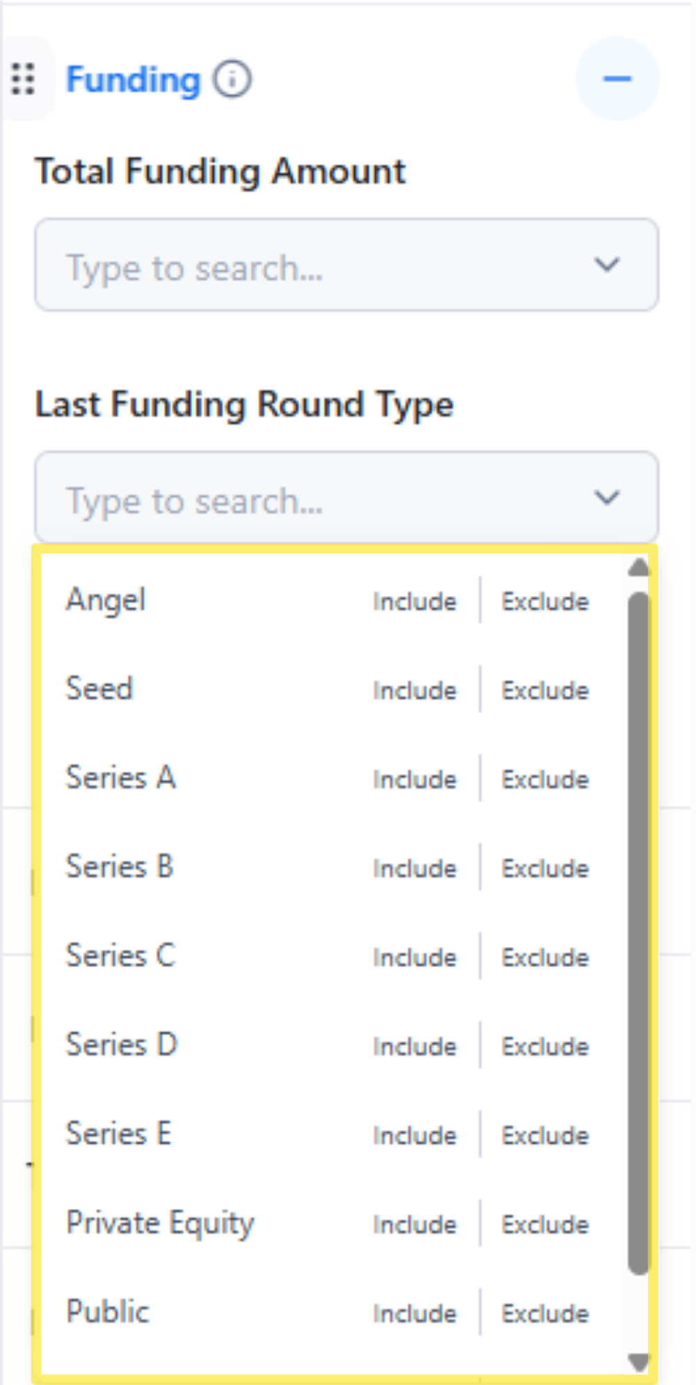 Total Funding Round Search Filter