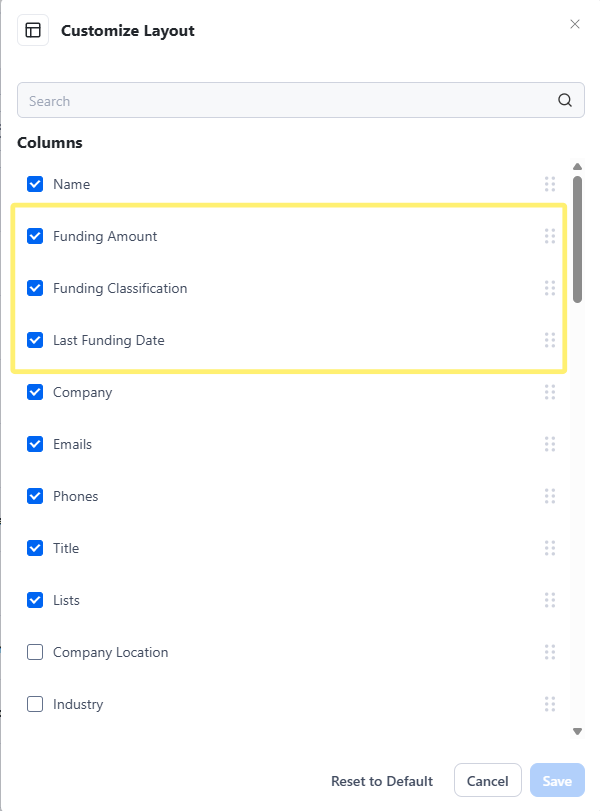 Select the columns and order of your table layout