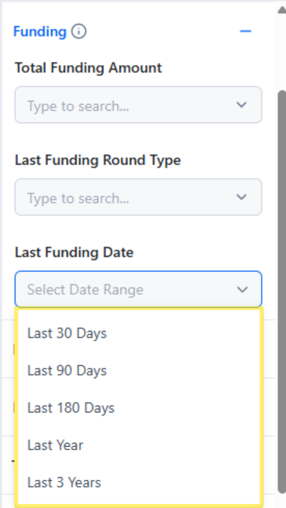 Last Funding Date Search Filter