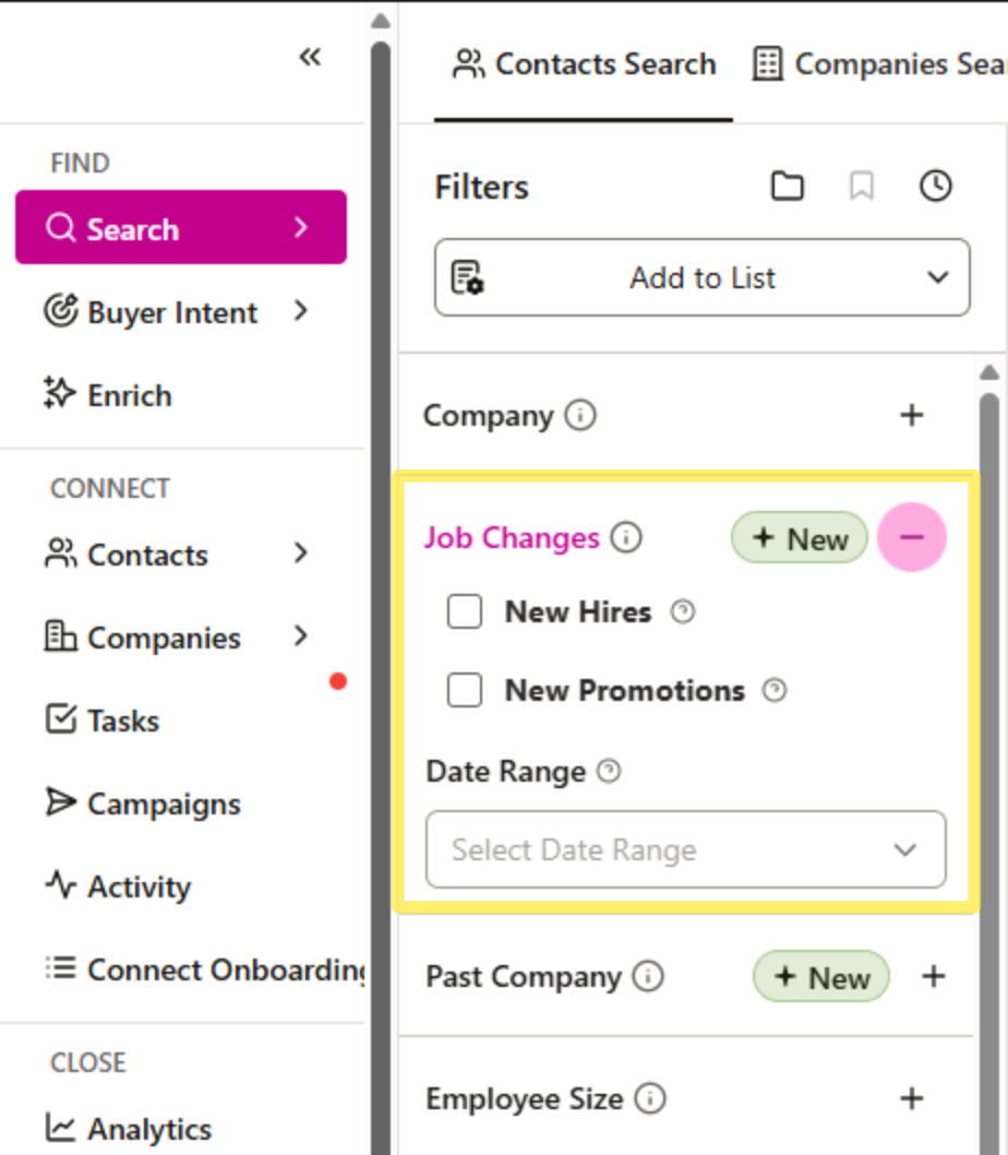 Job Changes Search Filter in Contacts Search