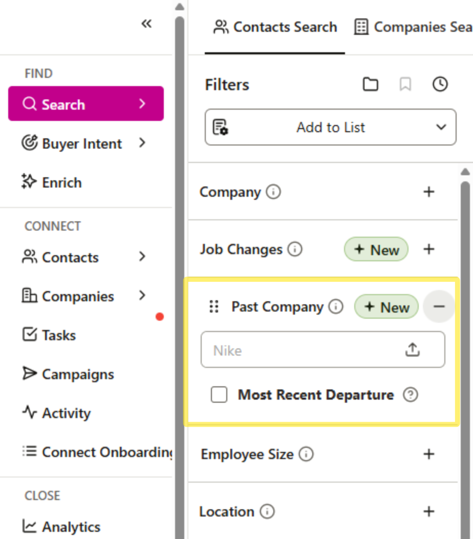 Past Company Search Filter available in Contacts Search