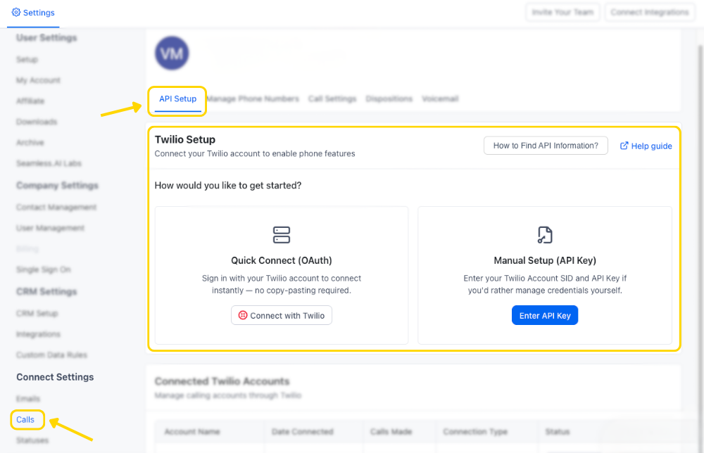 Access the API Set UP section on Call Settings