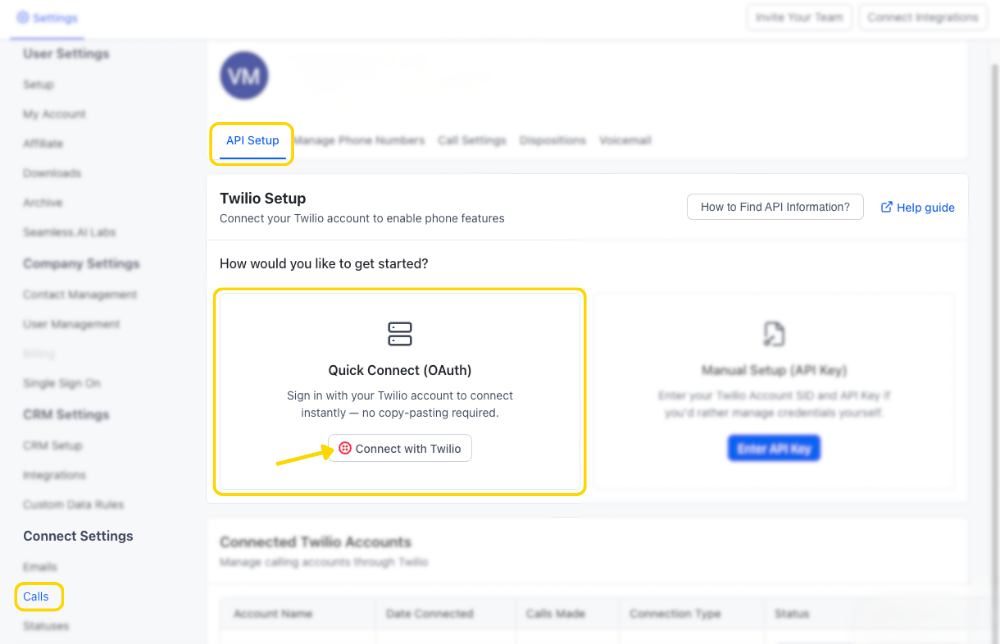 Quick Connect OAuth with Twilio API Set Up