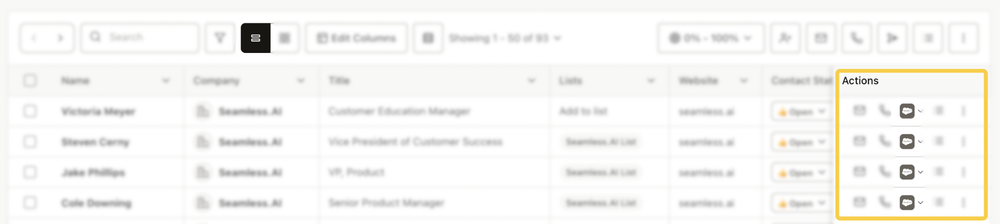 Actions column on contact or company profile.
