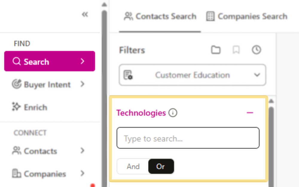 Technologies Filter available in Contacts or Companies Search