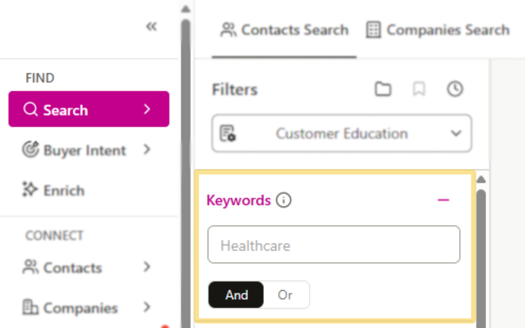 The Keywords filter is available in Contacts or Companies search.