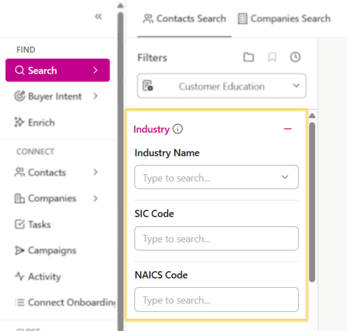 Industry Filter available in Contacts or Companies Search