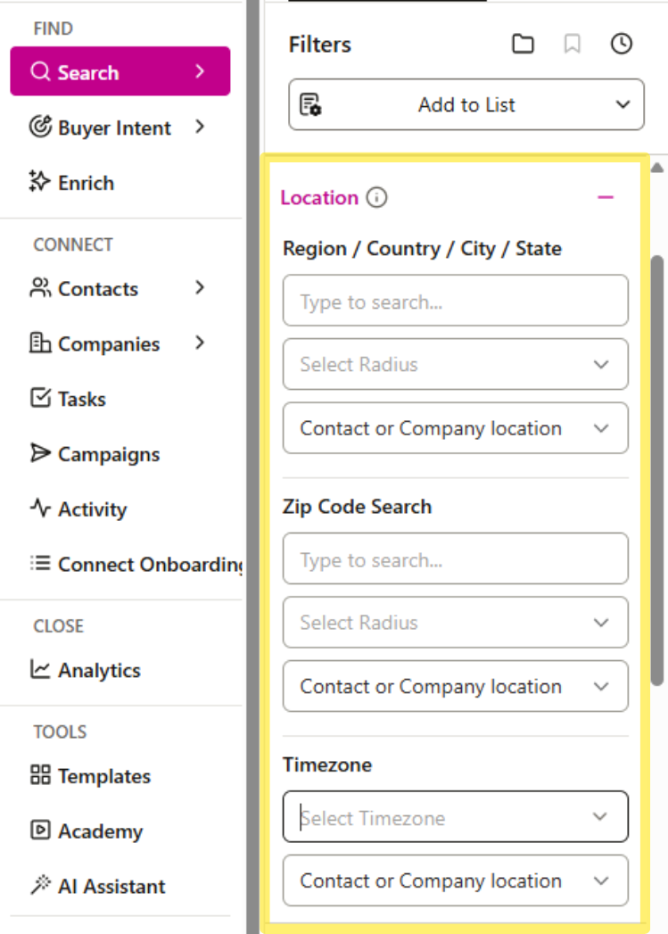 Location Filter available in the Contacts Search and Companies Search