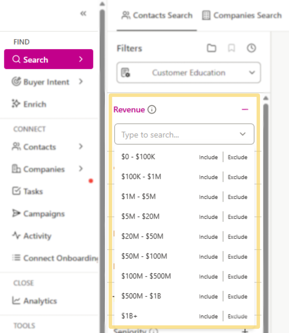 Company Revenue filter in the contacts and company search