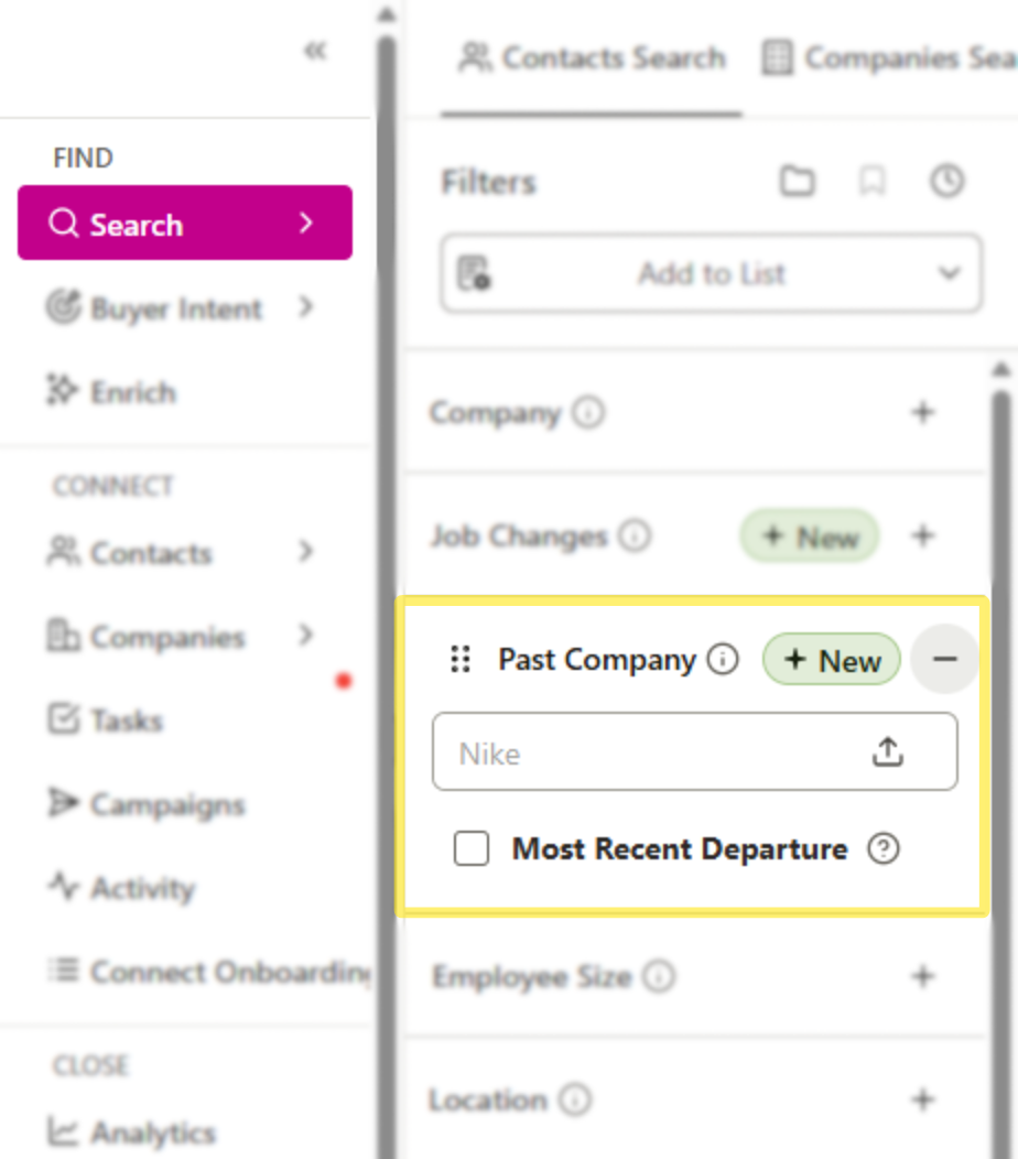 Apply the Past Companies Search Filter in the Contacts Search
