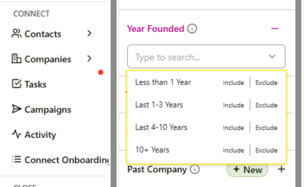 Year ranges available within Year Founded filter