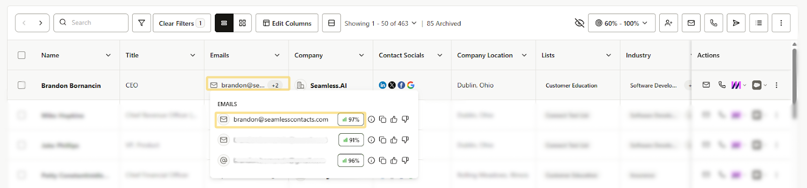 Hover over an email cell for a quick preview of Total AI score