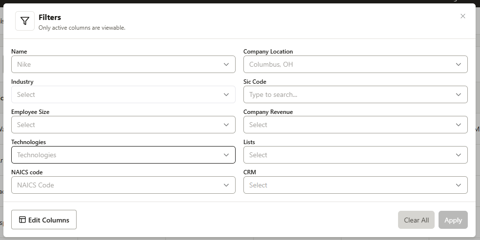 Filters on the My Companies page.