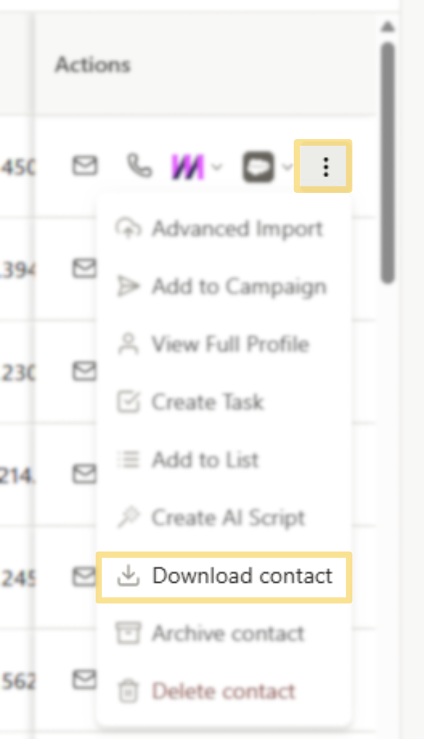 Download a contact or complete other tasks on an individual contact
