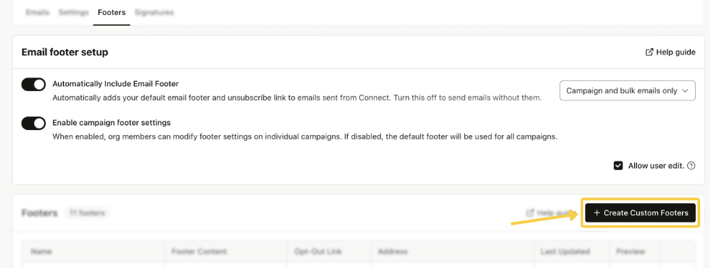 View Email Footer preferences and create a custom footer