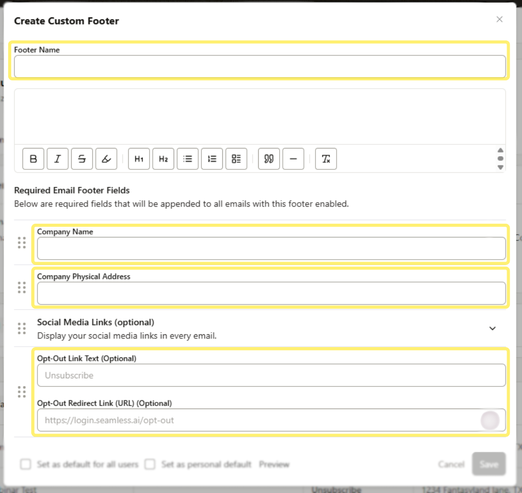 Required fields for a email footer