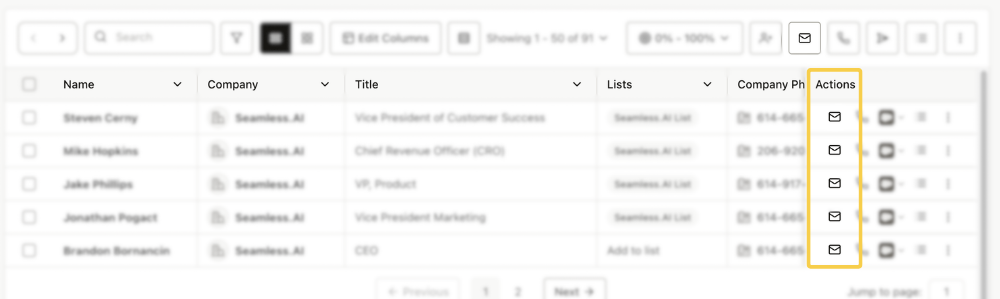 email icon in the Actions column