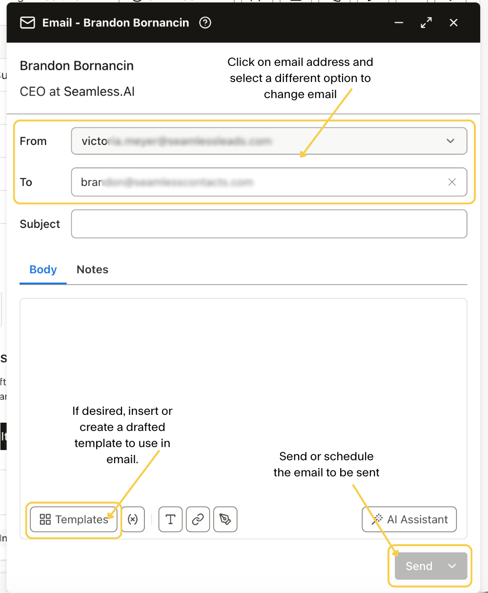 An individual email modal