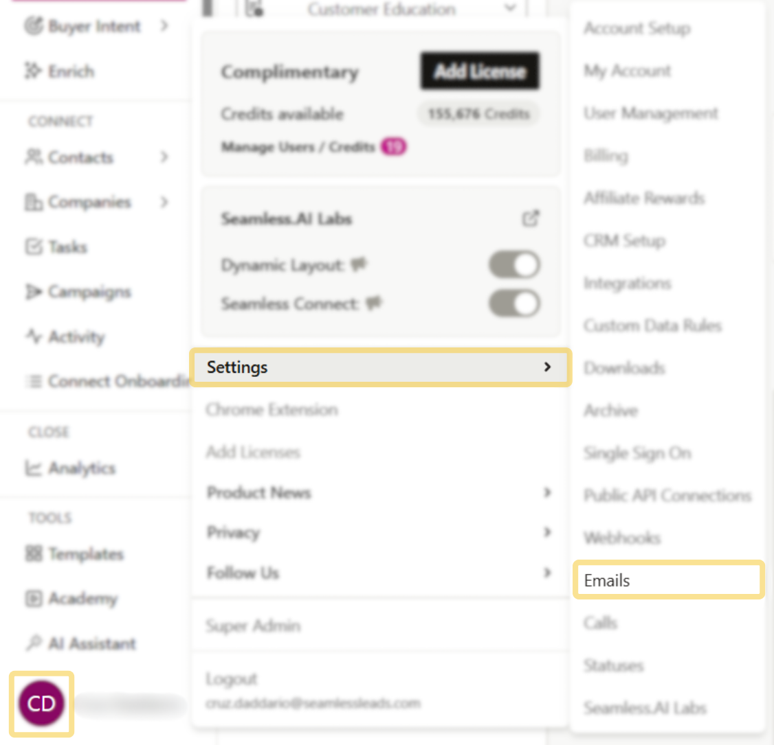 Access Email Settings through your initials in the bottom left corner.