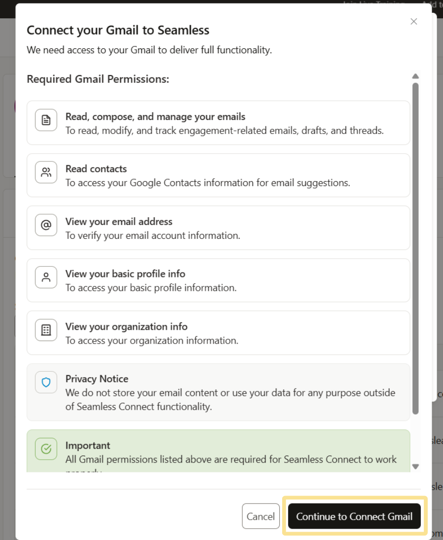 Connect Email Permissions 