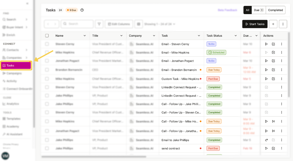 Access Tasks dashboard through checkbox icon
