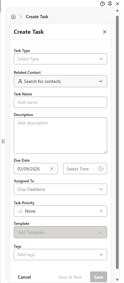Create a new task through the + sign in the top right corner
