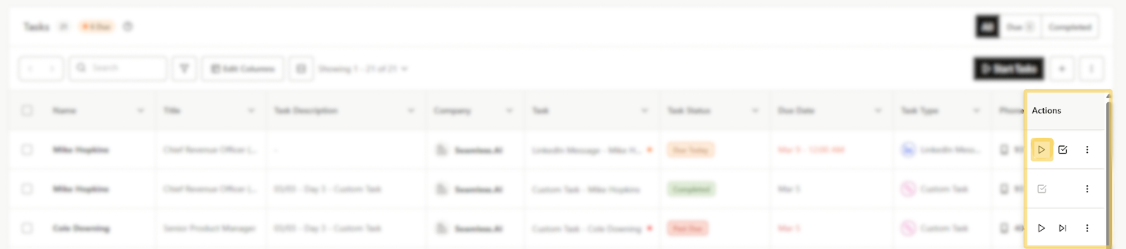 Manage, complete, or create follow up for a Task in the Actions column