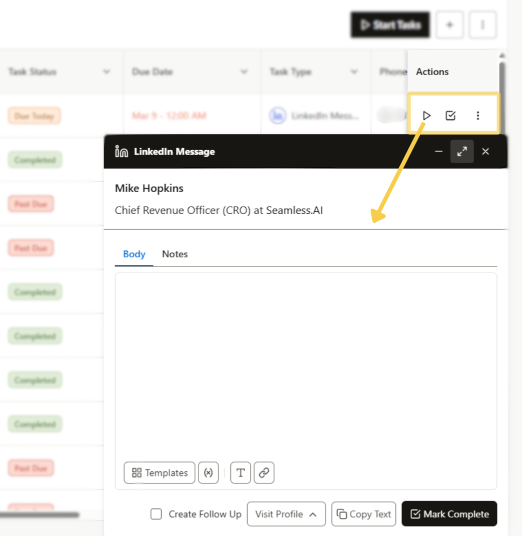 Click Start Task in the Actions Column to open the related task module
