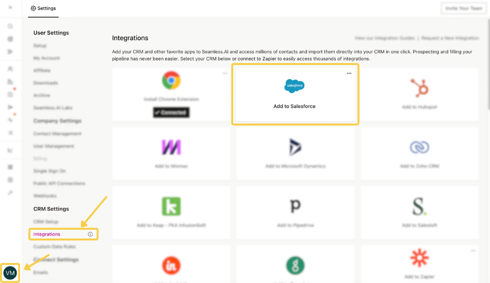 Connect Salesforce on Integrations setting page