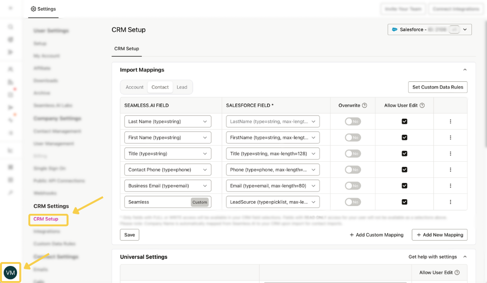 Salesforce set up on CRM Set Up page
